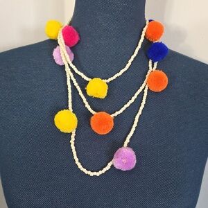 Multi Color Pompom and Seed Bead Long Necklace